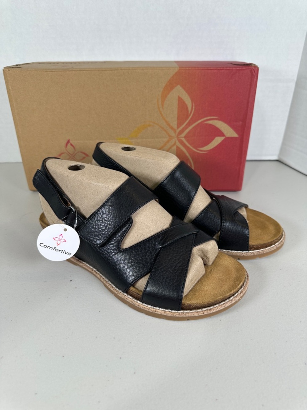 Comfortiva Black Leather Crisscross Strap Sandals